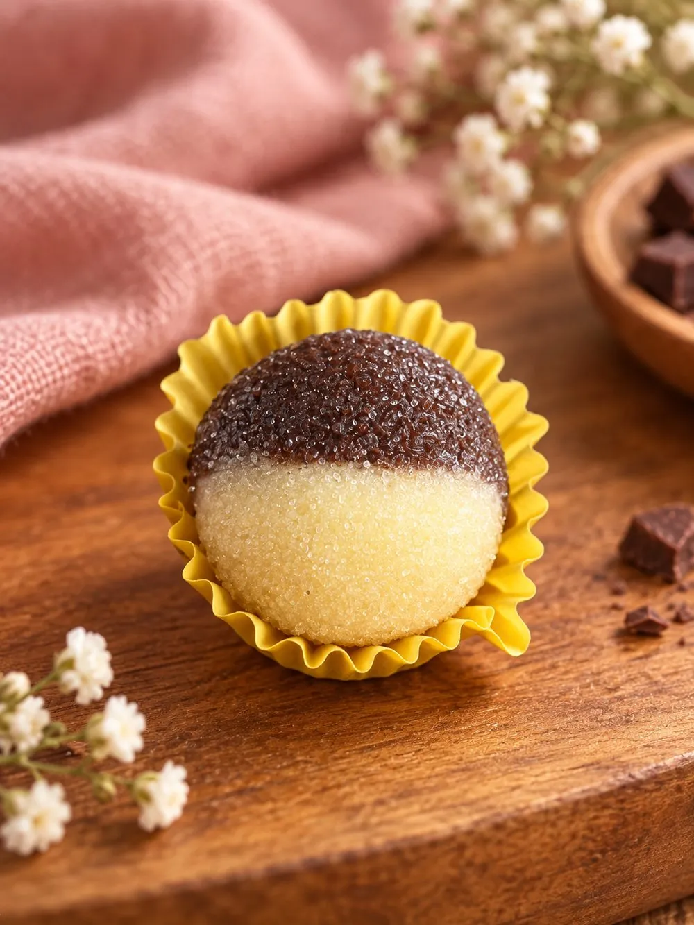 Brigadeiro casadinho: Metade chocolate nobre, metade ninho, no mesmo docinho